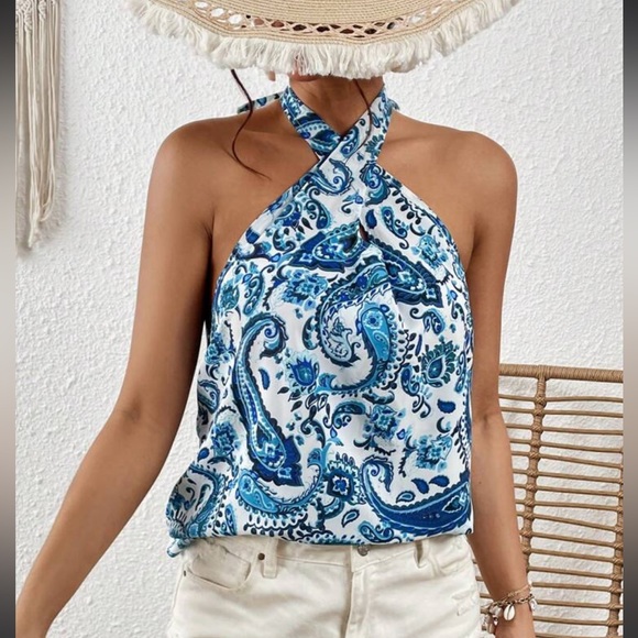 Plus Size Boho Paisley Print Crisscross Front Halter Neck Top Blouse Shirt - Picture 10 of 14